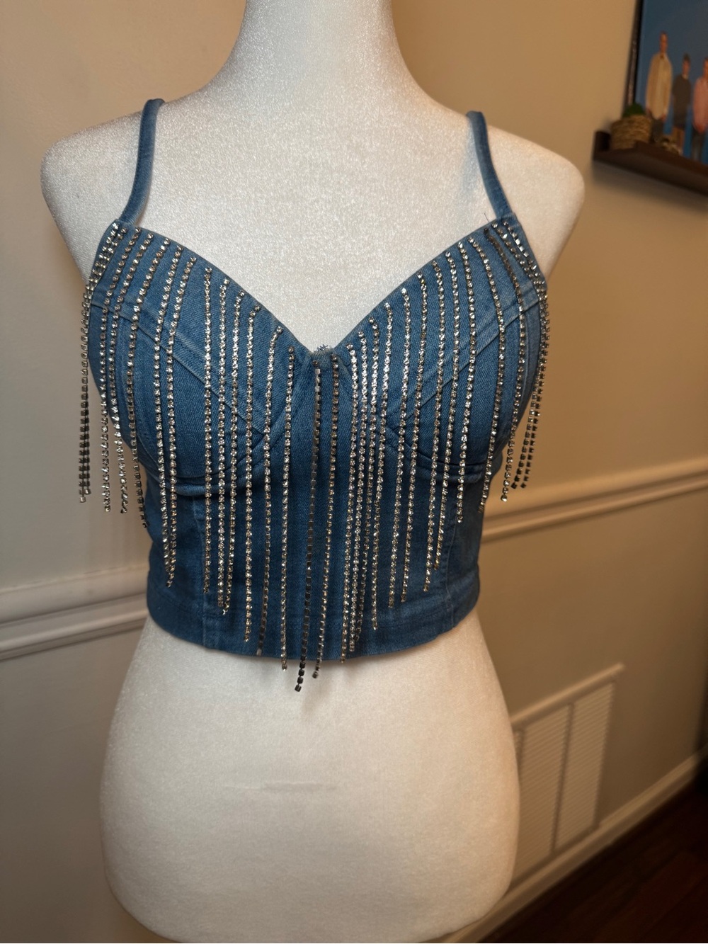 Haute Monde Denim Rhinestone Fringe Bustier Crop Top Blue Size Small
